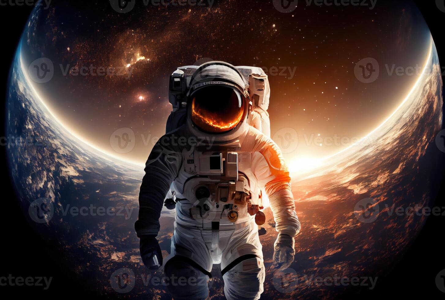 Portrait of astronaut with colorful galaxy in the space. Science and technology concept. Blue earth theme. photo