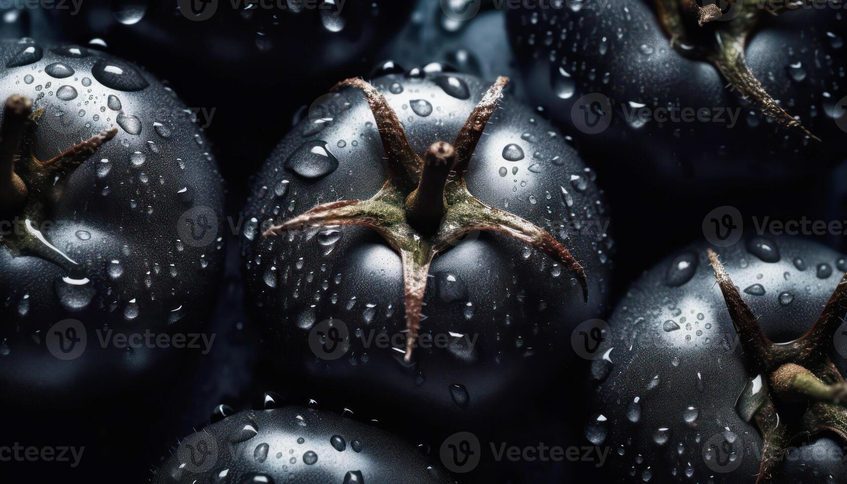 Close up of clean Black tomato with water drop in dark black background. Fresh fruit and Vegetable concept. Nutrition and vitamin theme. photo