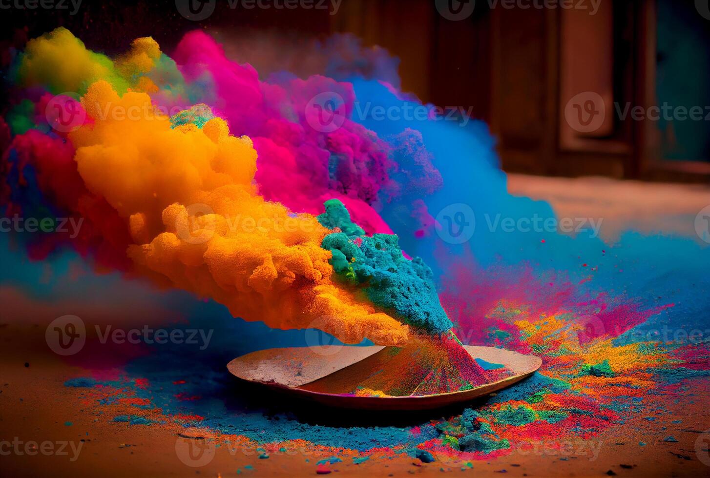 Colorful starch and dye powder dust exploding in Holi day. photo