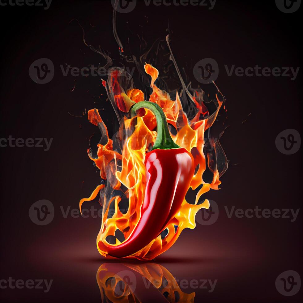 Red chili with burning fire flame on black background. photo