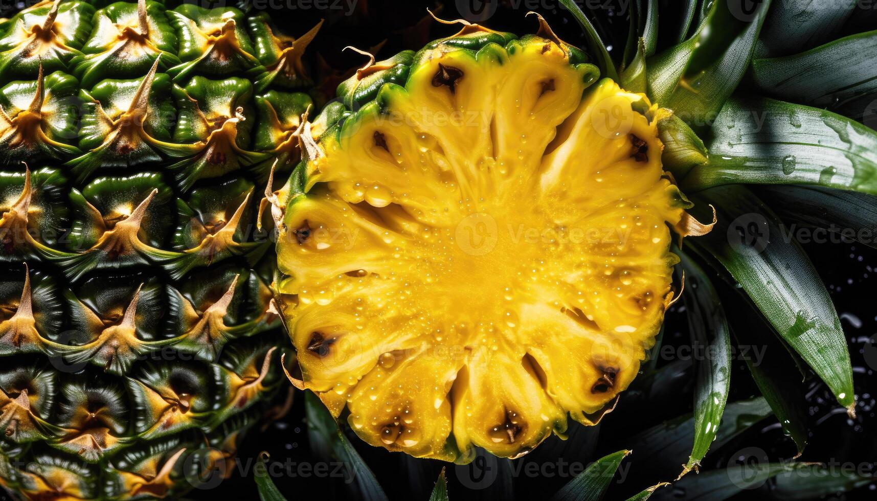 Close up of clean Pineapples with water drop in dark black background. Fresh fruit and Vegetable concept. Nutrition and vitamin theme. photo