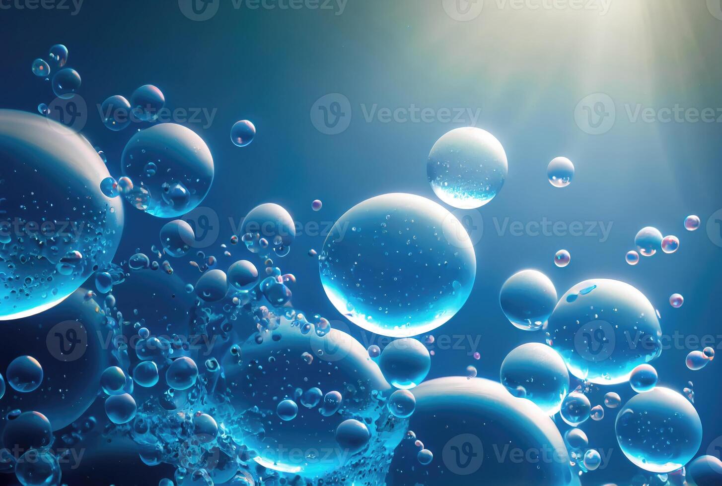 Blue glossy water bubble in underwater background. Nature and abstract concept. photo