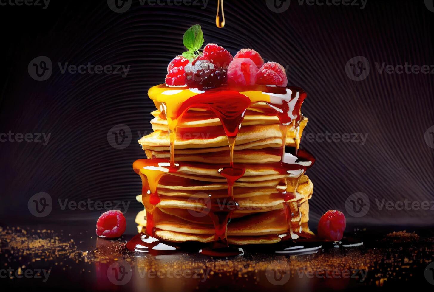 Mixed berries topping pancakes in dish on the dinning table. Sweet dessert and recipe concept. photo