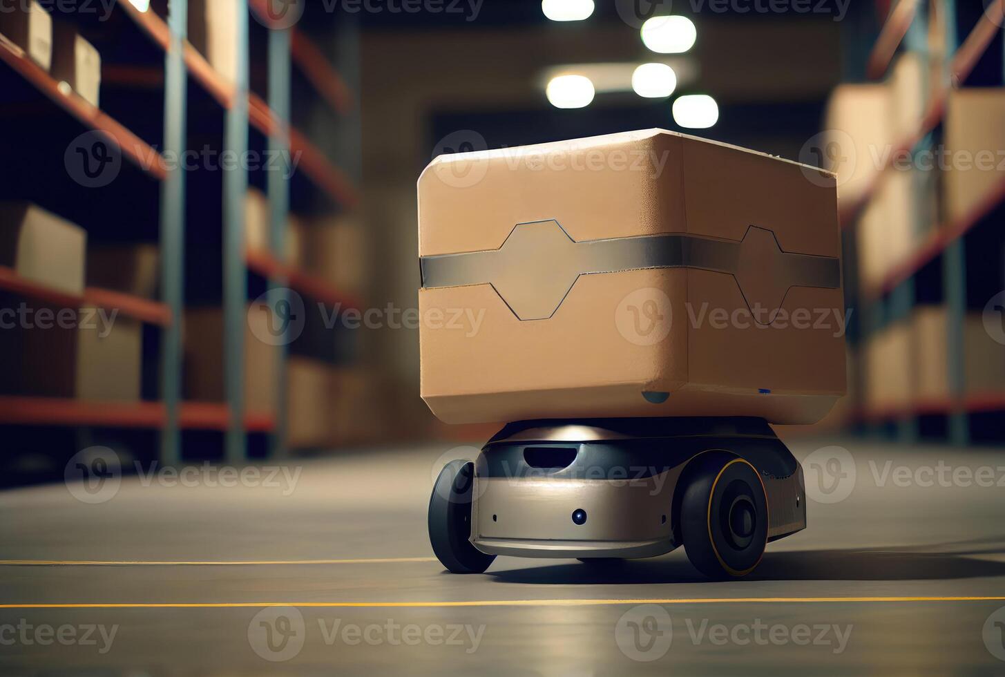 Robot AGV transporting cardboard box in warehouse background. Technology innovation and delivery concept. photo