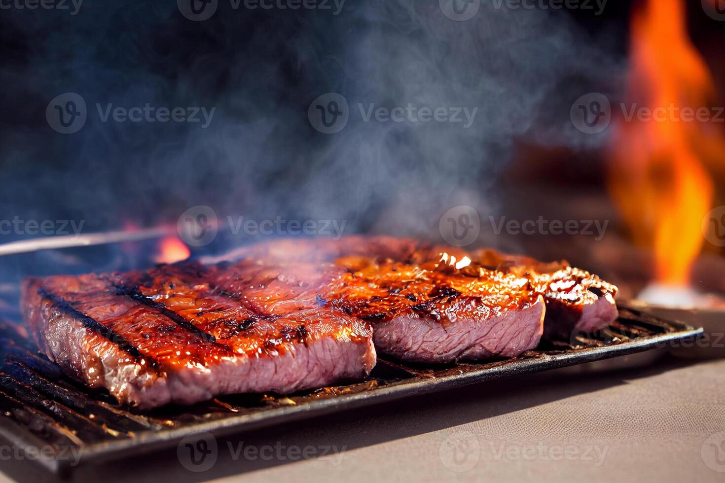 Grilled meat steak on stainless grill depot with flames and smoke on dark background. Food and cuisine concept. photo