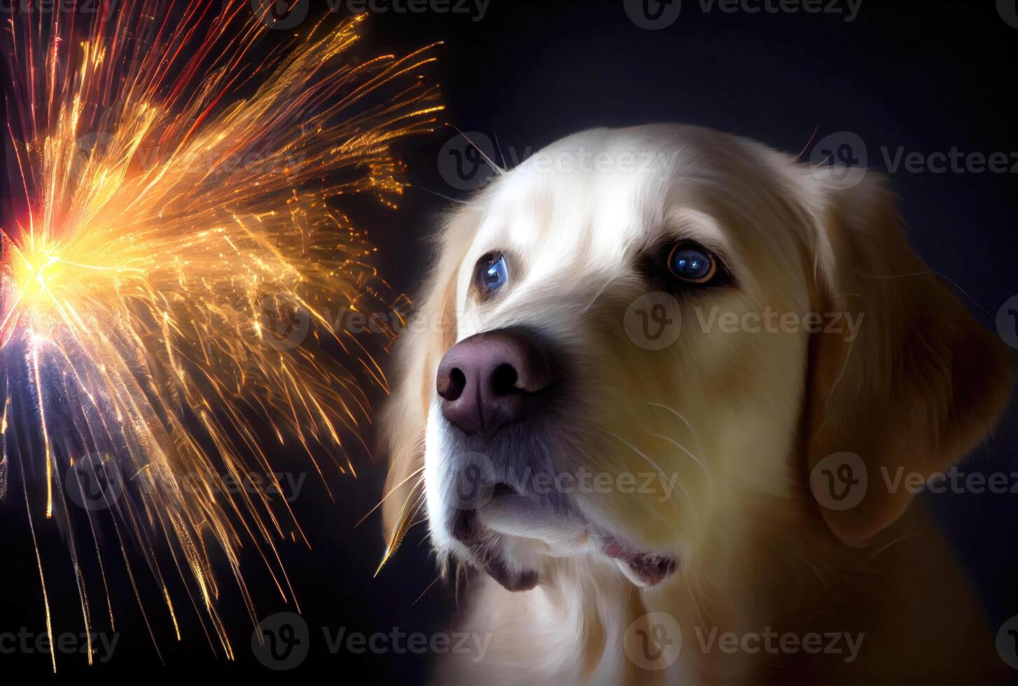 The dog is afraid and shocked by the sound of fireworks with sky background. Pet and animal concept. Digital art illustration. photo