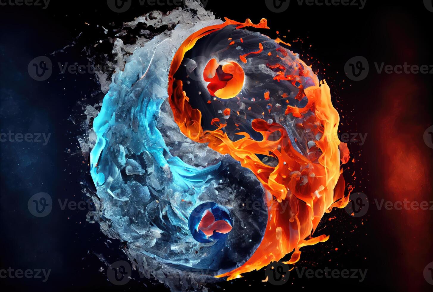 fuego y hielo clima en el yin y yang en oscuro antecedentes. resumen y contraste símbolo concepto. generativo ai foto