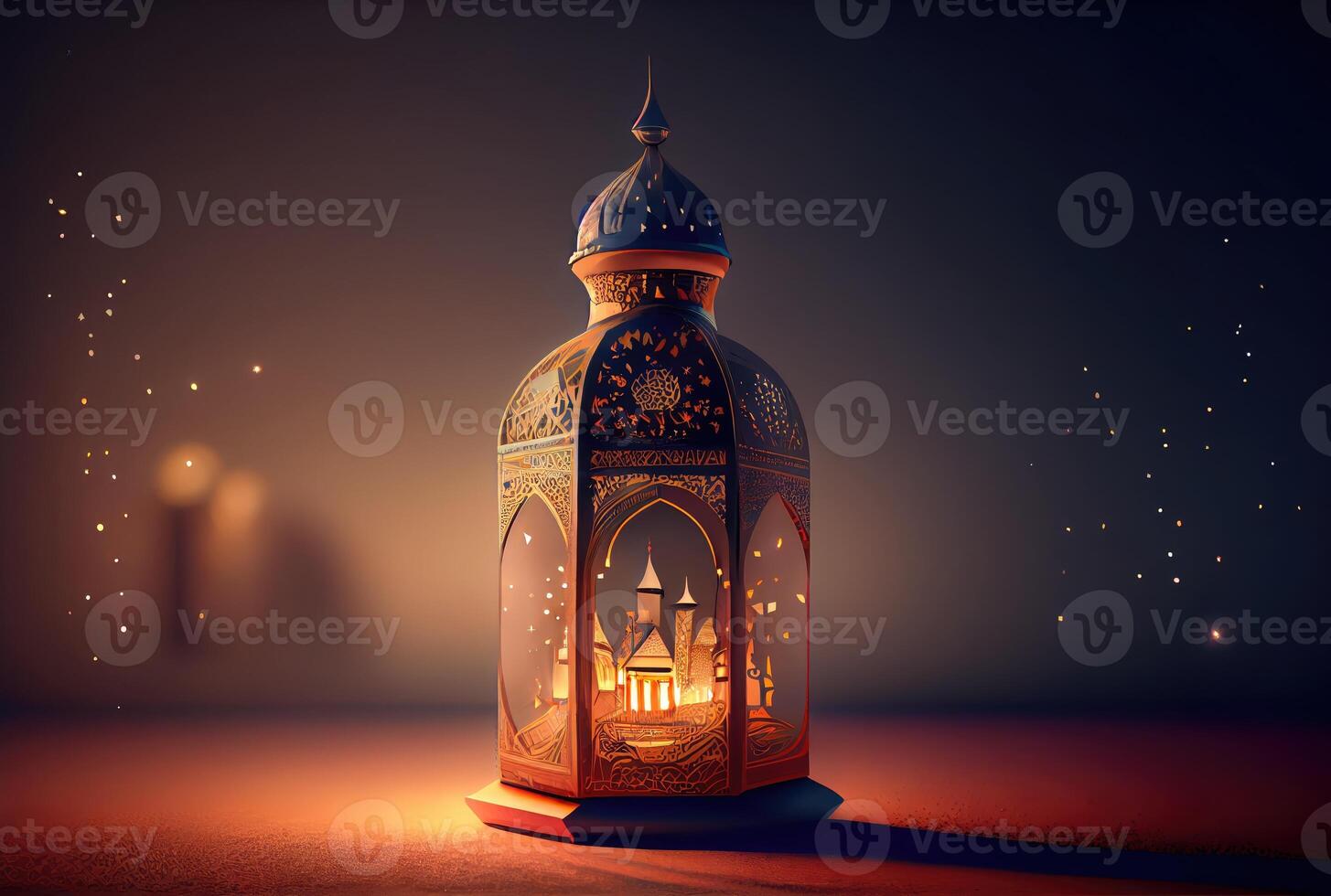 Ramadan festival lantern and props on the floor background. Culture and religion concept. Digital art illustration. photo