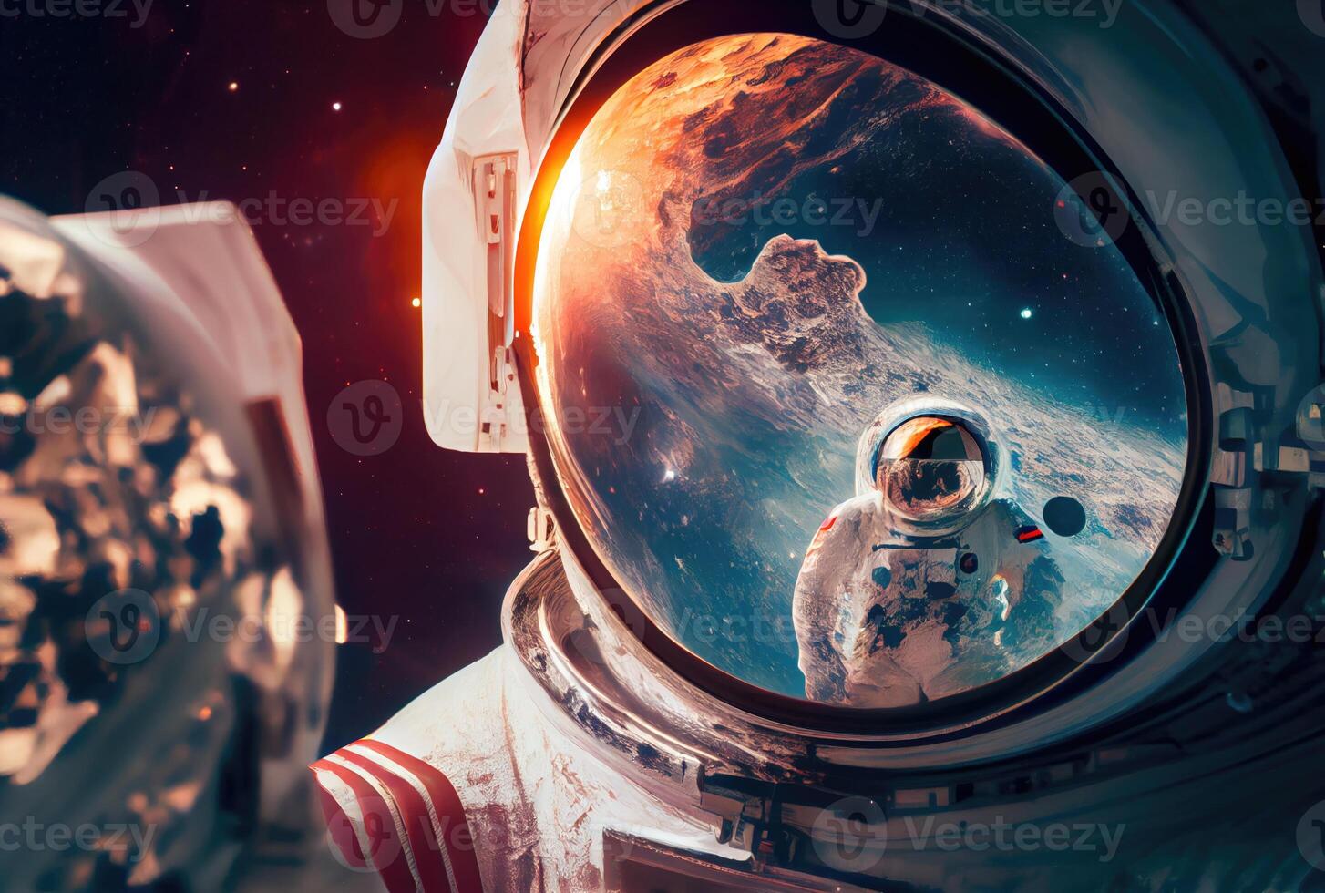 Portrait of astronaut reflect with another astronaut friend in the galaxy in the space. Science and technology concept. Blue earth theme. photo