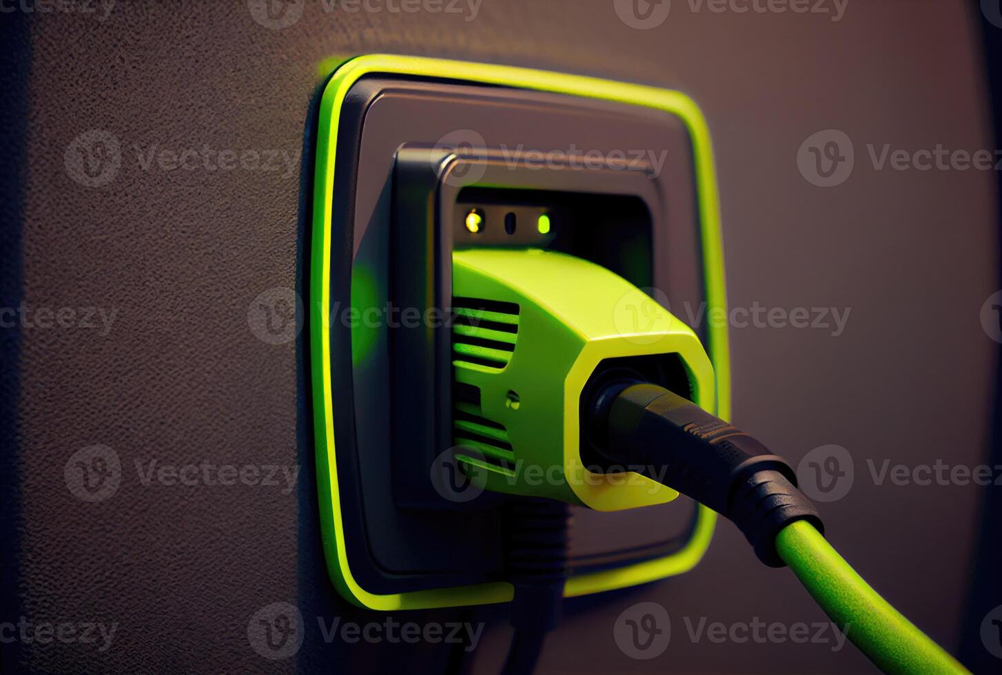 EV car plug charger on building wall at house. Technology and transportation concept. photo