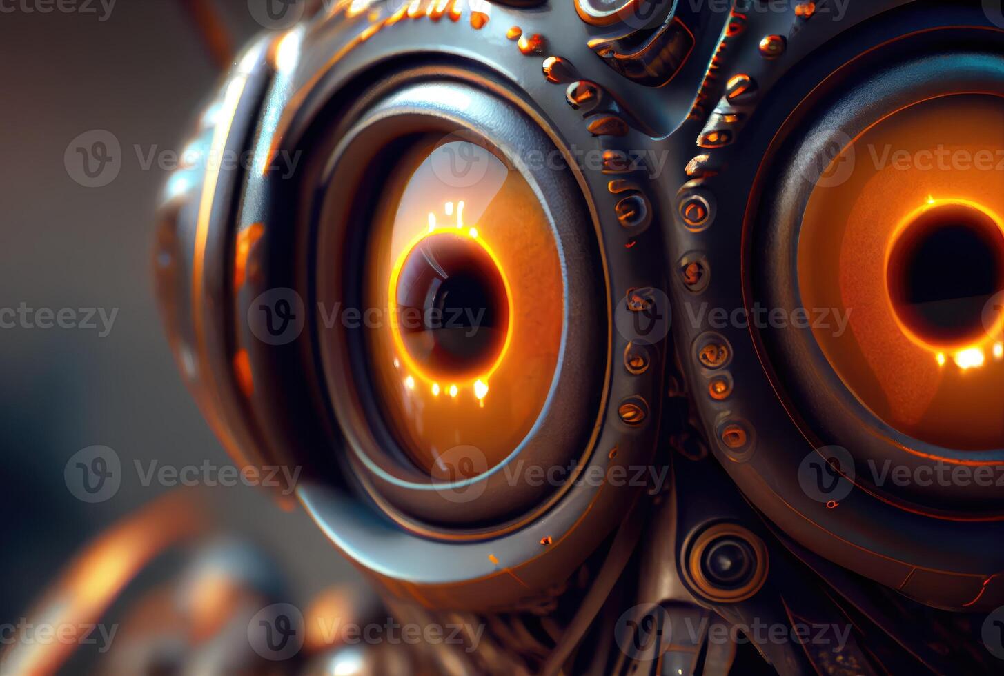 Closeup of yellow robot eyes with metallic structure background. Technology and Innovation concept. photo