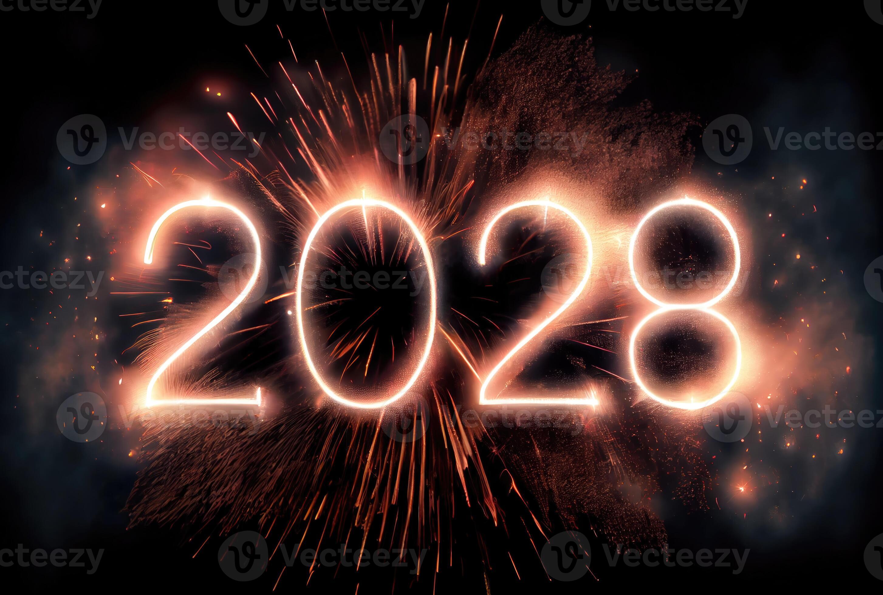 2028 nuevo año celebracion con vistoso fuegos artificiales en oscuro