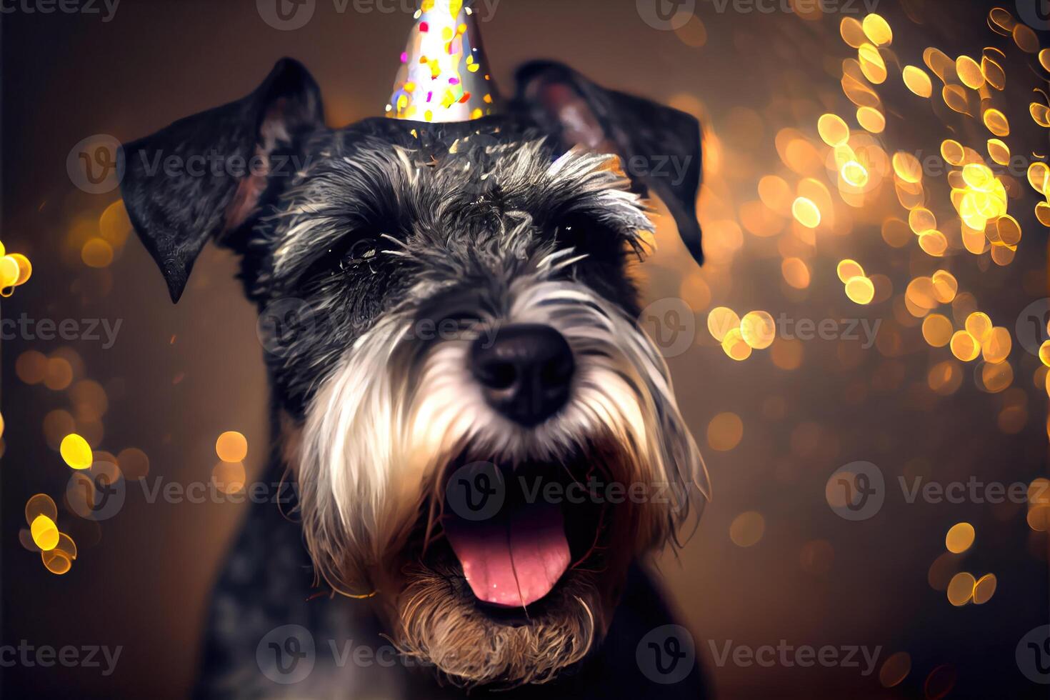 Happy Schnauzer dog in party with bokeh light background. Animal and pet concept. photo