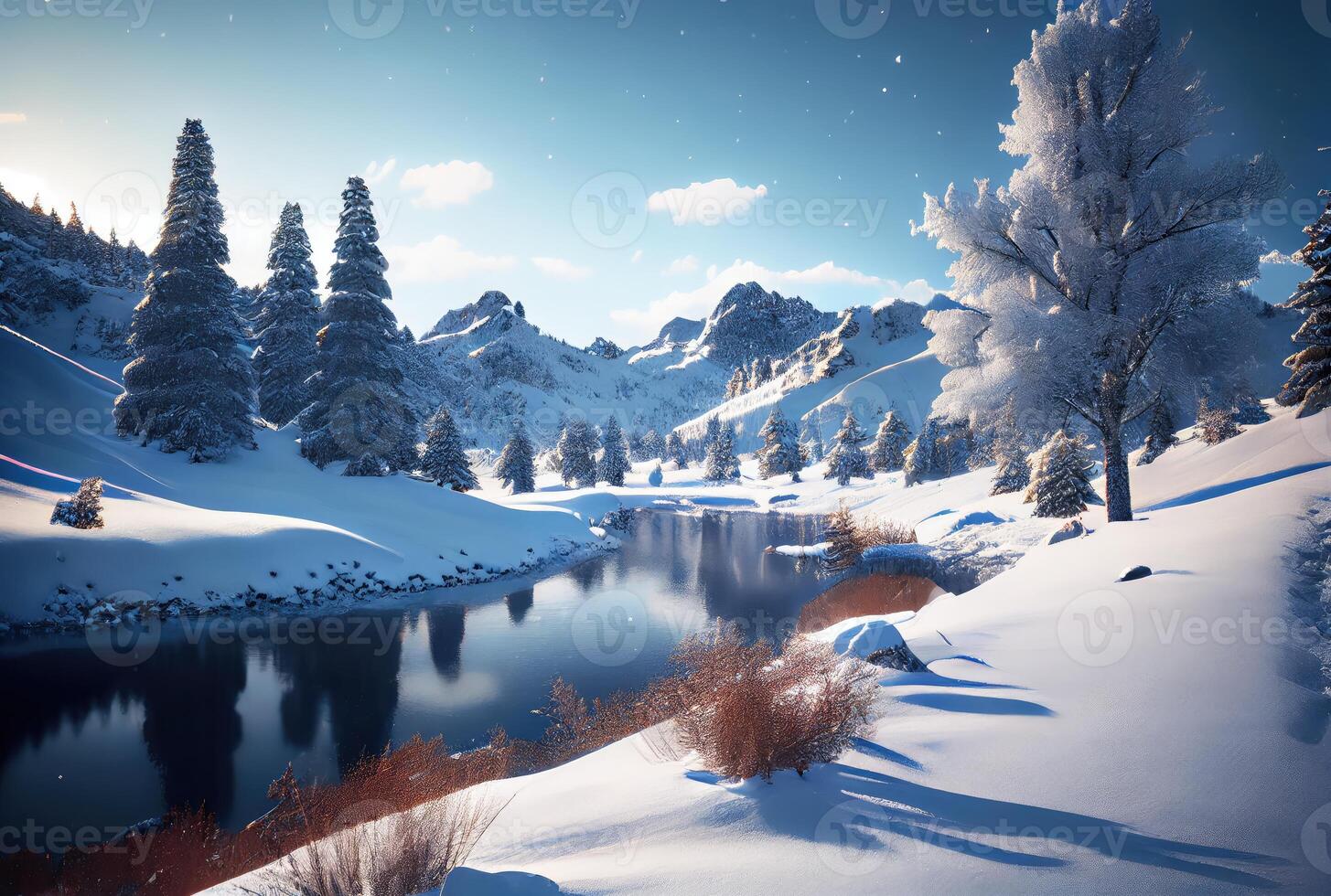 Snowy landscape with lake and pine tree mountain scene background. Nature and rural scene concept. Digital art illustration. photo