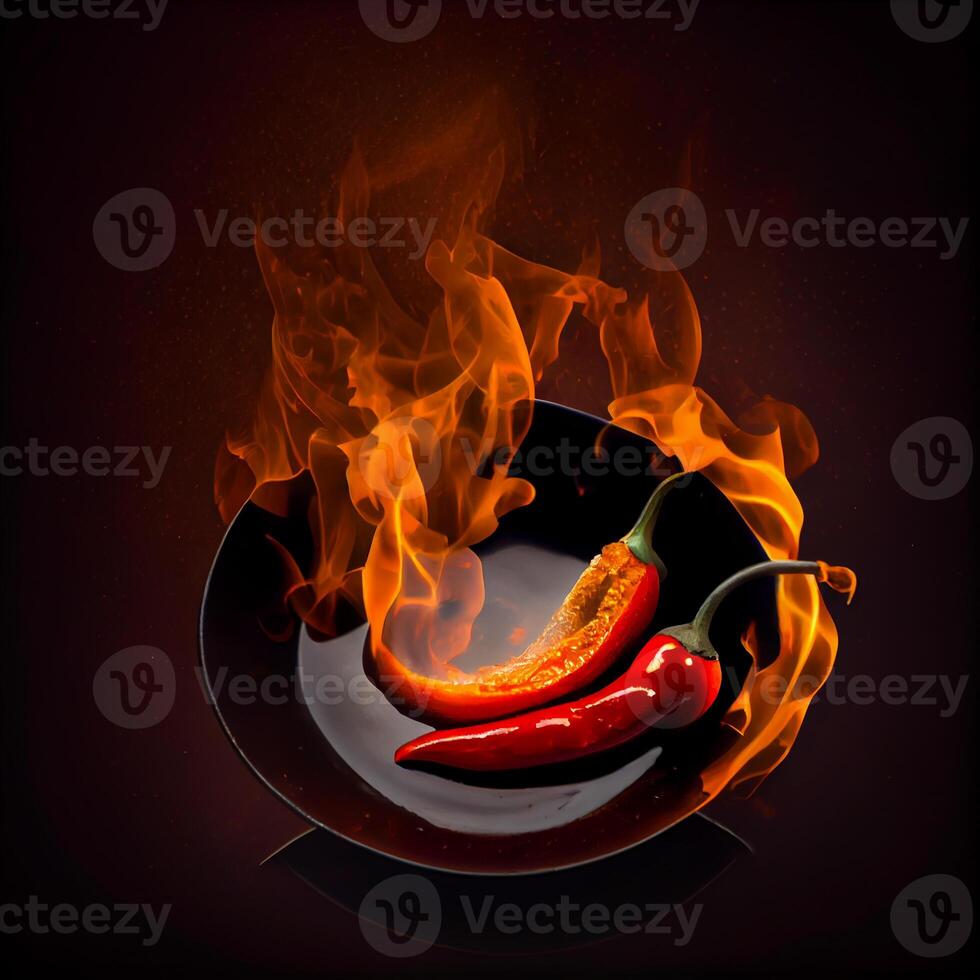 Red chili with burning fire flame in hot pan on black background. photo