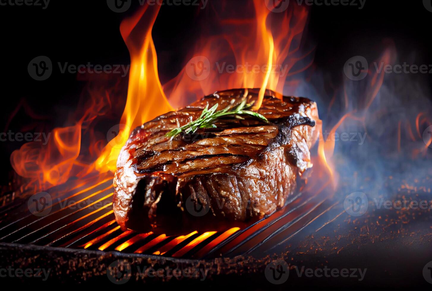 T-Bone steak or Porterhouse on grill with blazing fire flame. Food and cuisine concept. photo