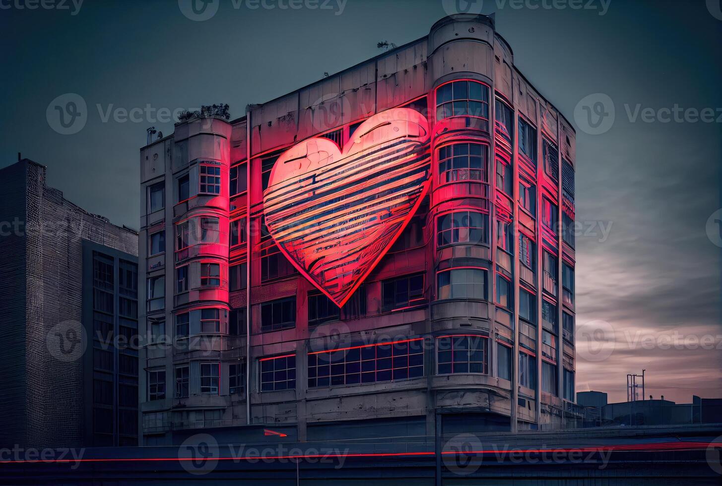 The red heart neon lighting symbol is in front of a building on the main road in the city background. Sign and symbol concept. Digital art illustration. photo