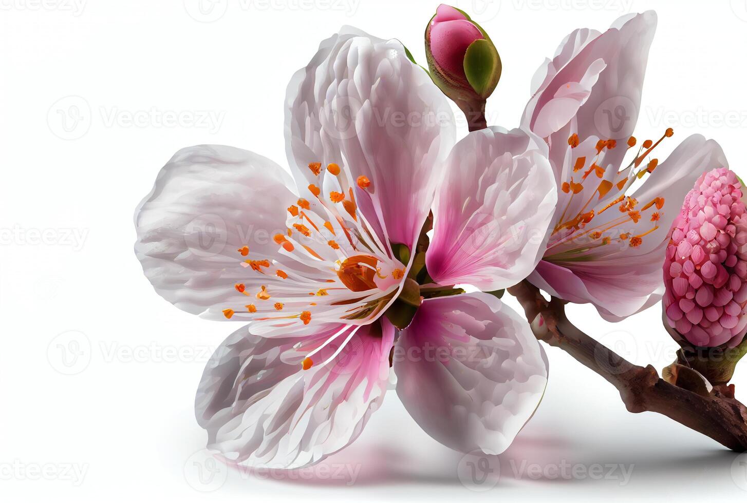 Closeup of White Cherry Blossom flower on white background. Digital art. photo