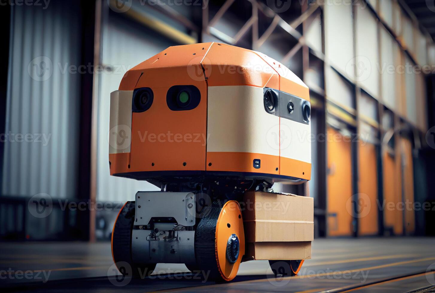 Robot AGV transporting cardboard box in warehouse background. Technology innovation and delivery concept. photo