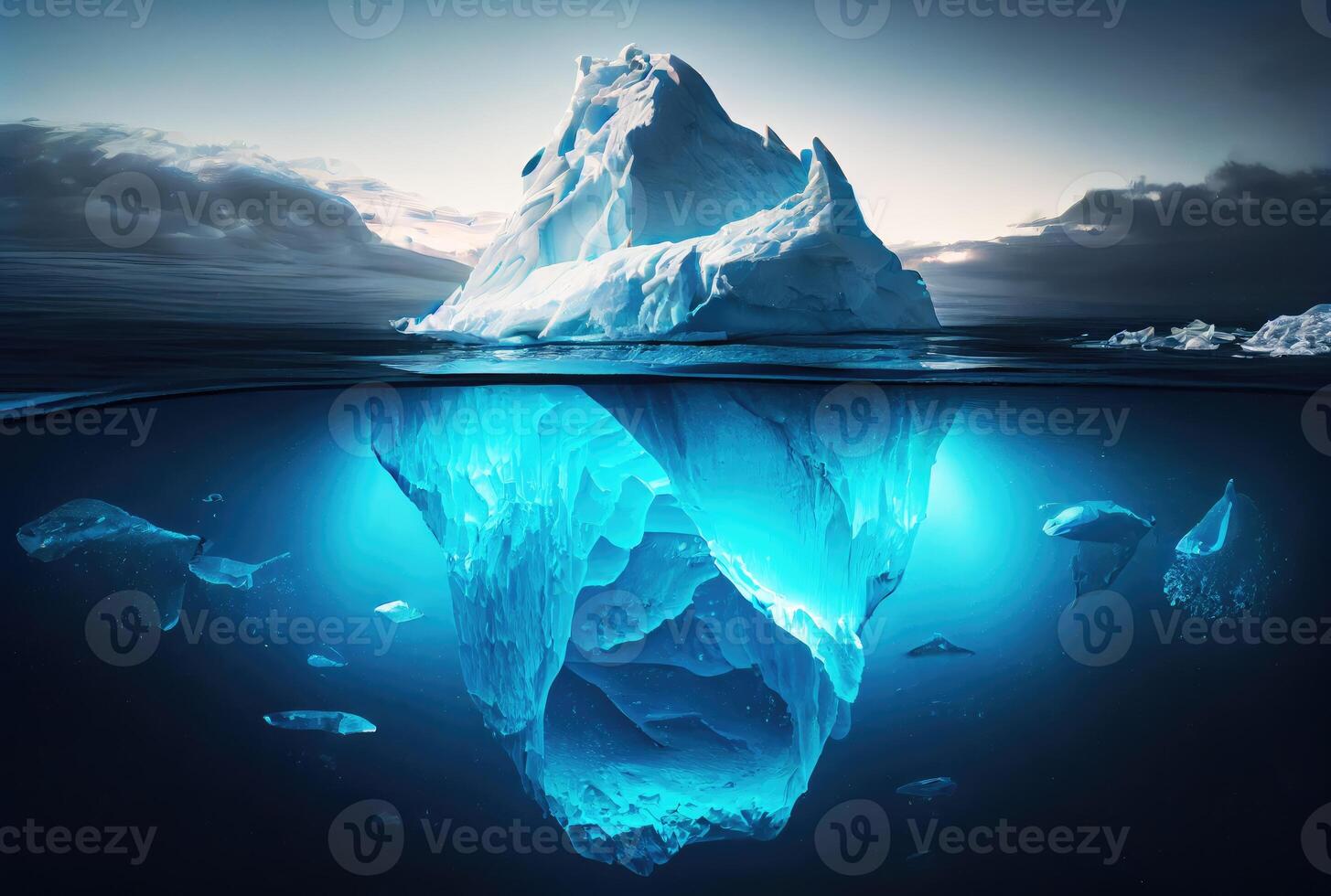 grande iceberg terminado el azul mar superficie antecedentes. paisaje y negocio metáfora concepto. digital Arte ilustración tema. generativo ai foto