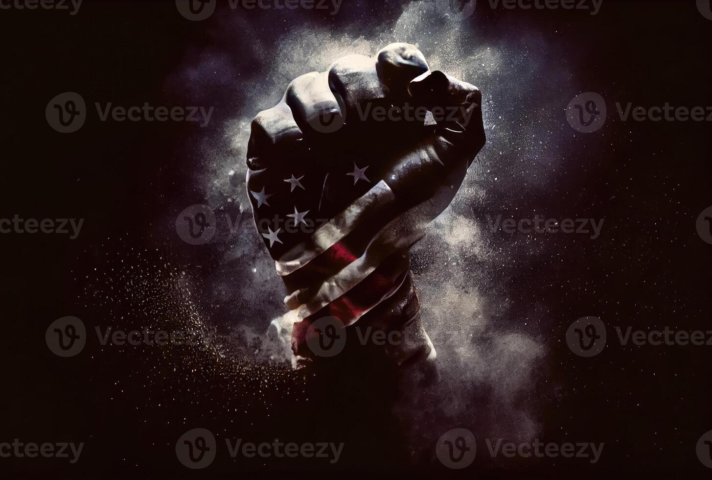 Raising clenched fist with American flag in the dark background. Patriotic and National day. photo
