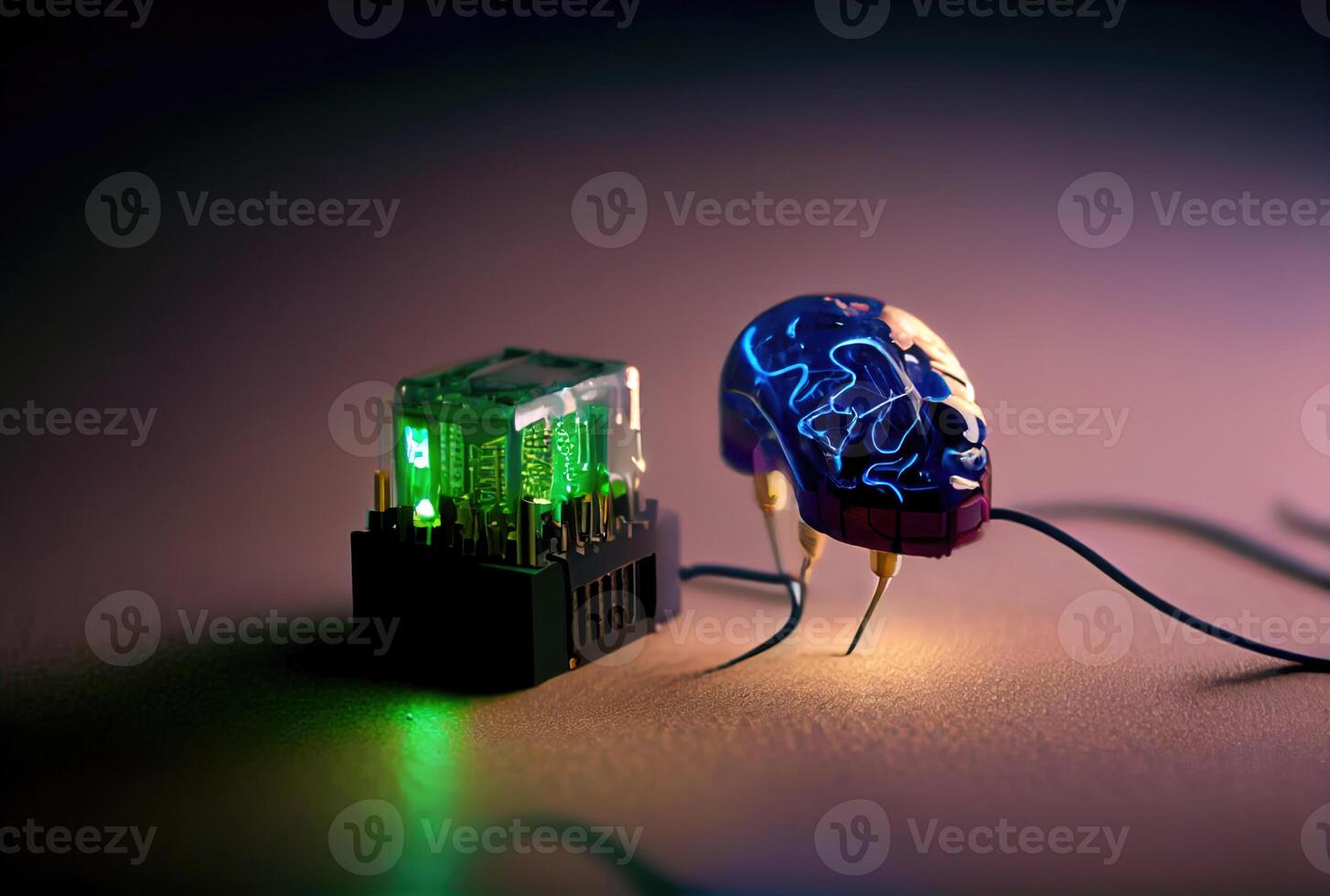 Brain is being fed programs and commands to have humanlike abilities. Machine learning and technology concept. photo