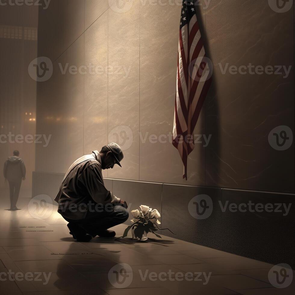911 patriótico día. septiembre 11 monumento, suelo cero. nosotros será Nunca olvidar. ai generado. foto