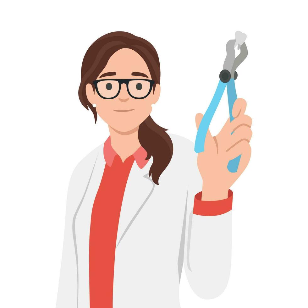 Beautiful dentist woman holds syringe and tongs. Young shy female nurse doctor smiling vector