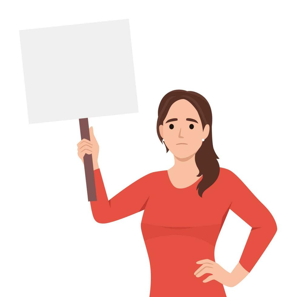 Young woman holding sign. Vector flat illustration with protesting woman. Flat vector