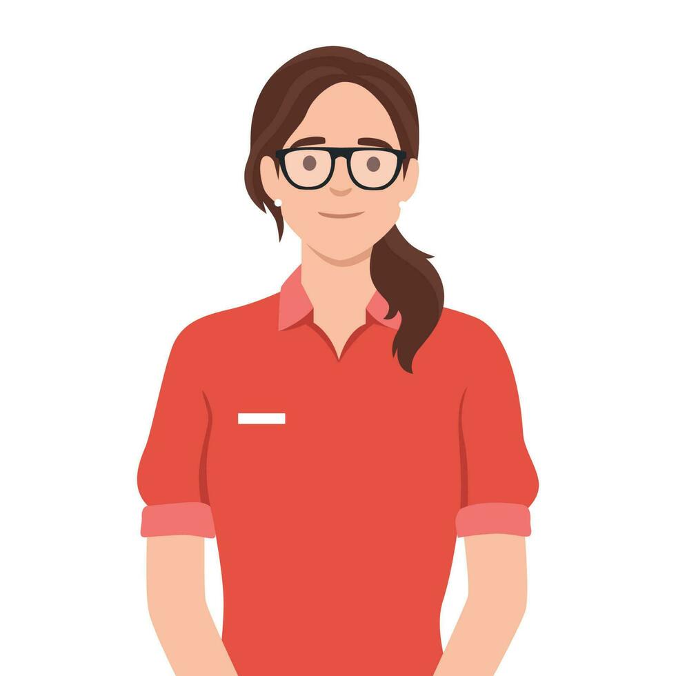 Woman cashier smiles buyer. Retail worker with uniform standing and smiling with glasses vector