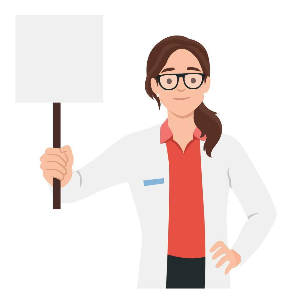 Doctor holding blank board in her hand. Woman doctor personage presenting sign. vector