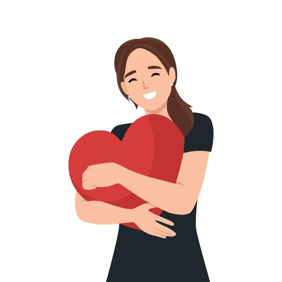 Young woman embraces a big red heart with mindfulness and love. Self acceptance and confidence concept. vector