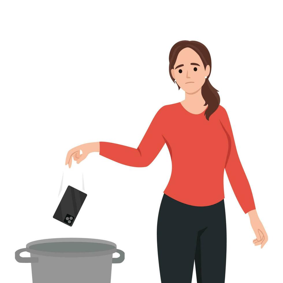 Woman throws mobile phone into the trash. Concept of digital detox, disconnecting, mediastika, device free zone, internet addiction, no mobile phobia, phubbing vector