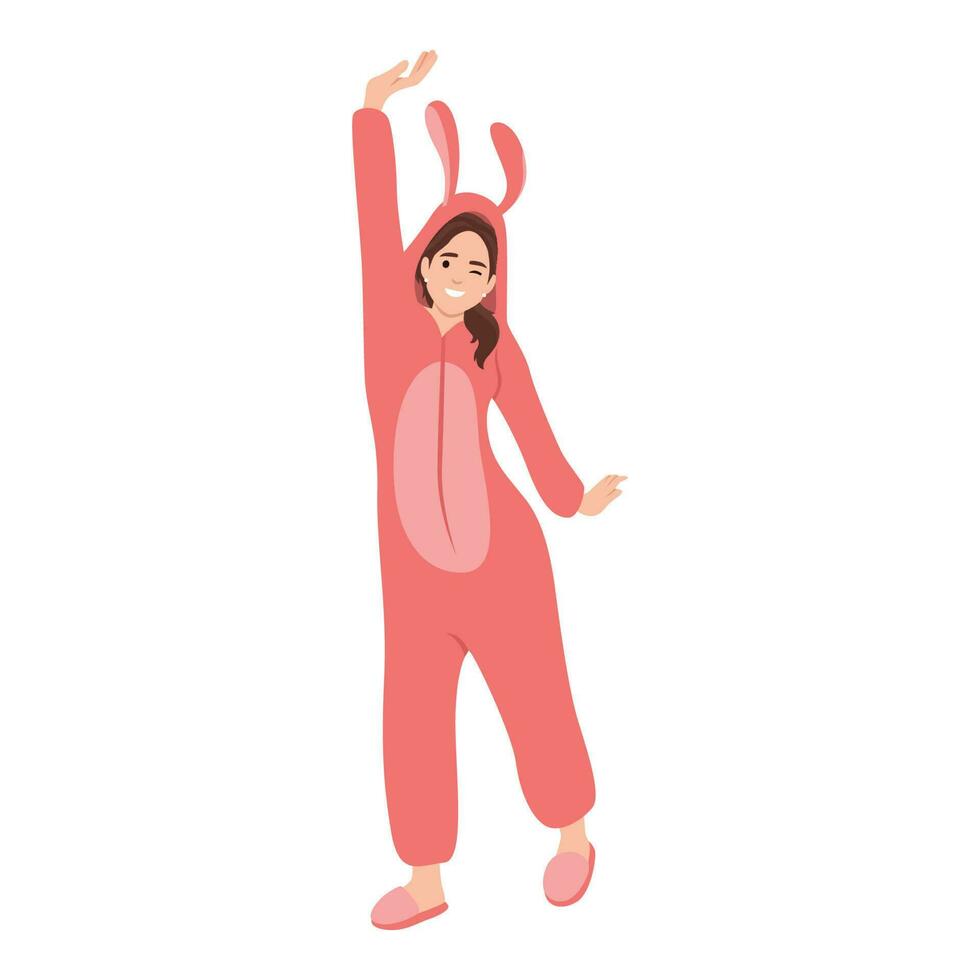 Woman wearing pink rabbit pajamas. vector