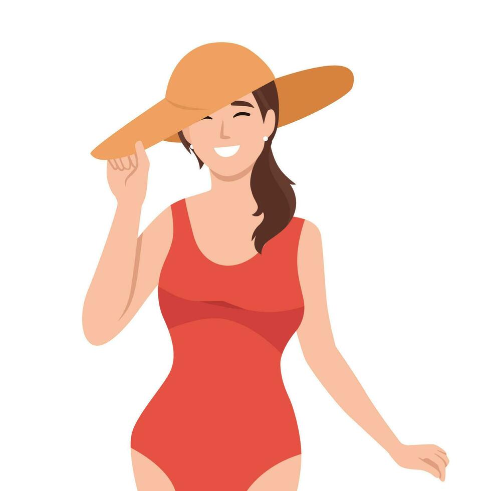 Portrait of fashionable woman. Beautiful young woman in summer clothes holds hat hand. Stylish girl in fashion dress vector