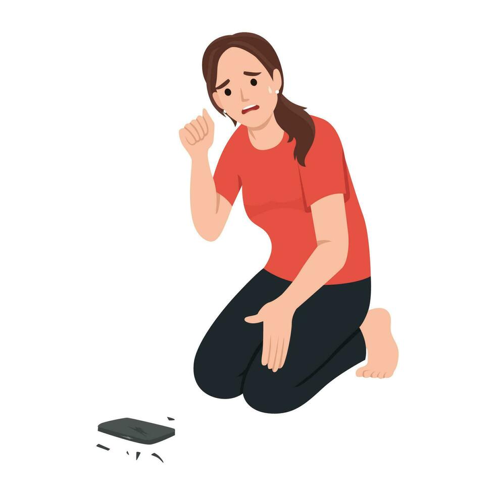 Sad woman crying because of broken mobile phone on floor. Stressed girl, smartphone with broken screen flat vector illustration. Technology, technology addiction concept for banner