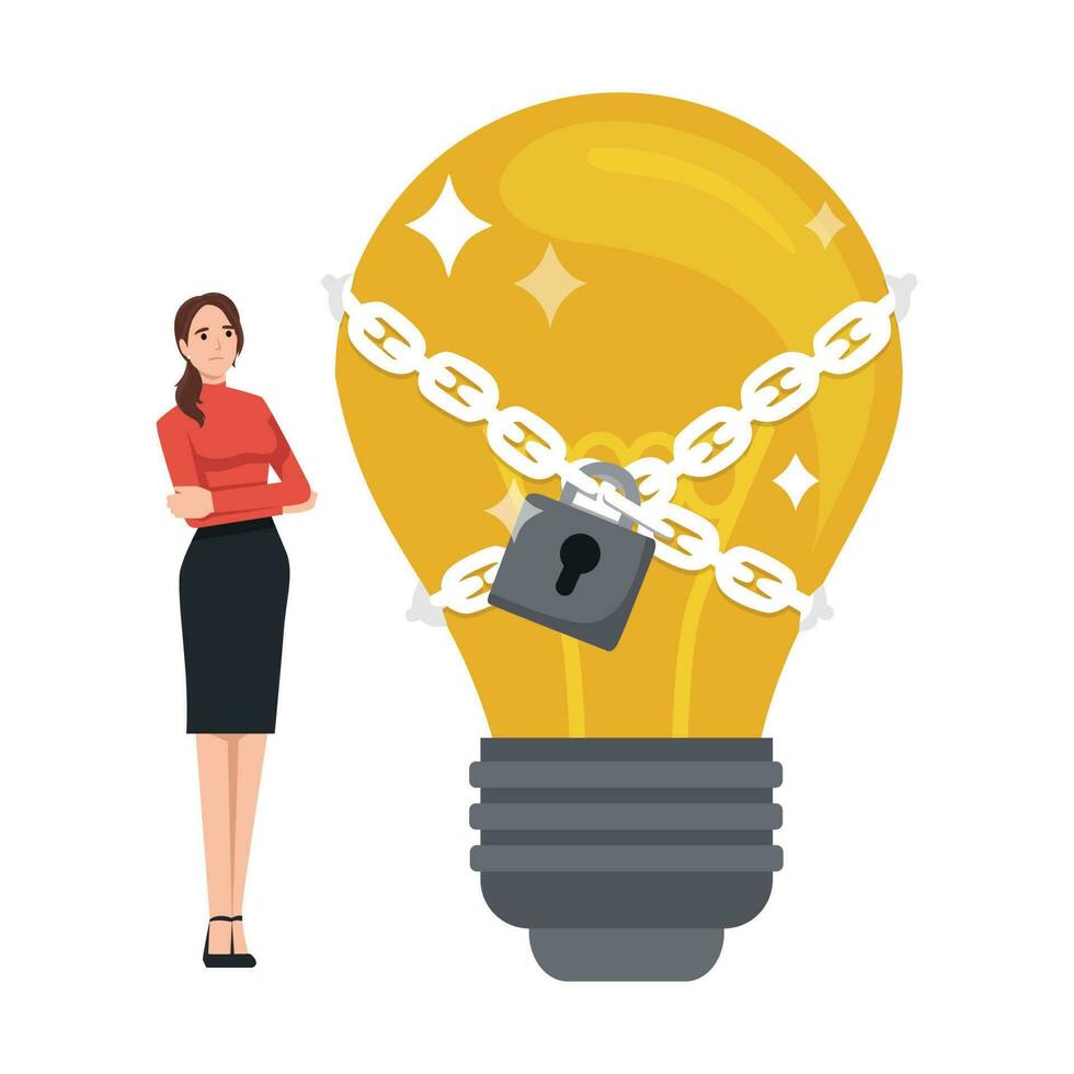 A woman pondered next to a light bulb with a lock locked. Flat vector illustration isolated on white background