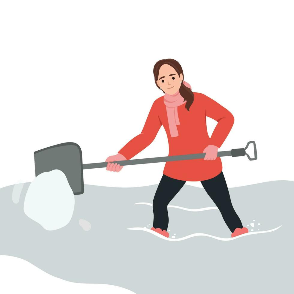 Person with shovel cleaning and digging out car covered with snow and stuck in it after blizzard. Woman shoveling near auto in snowy storm in winter. vector
