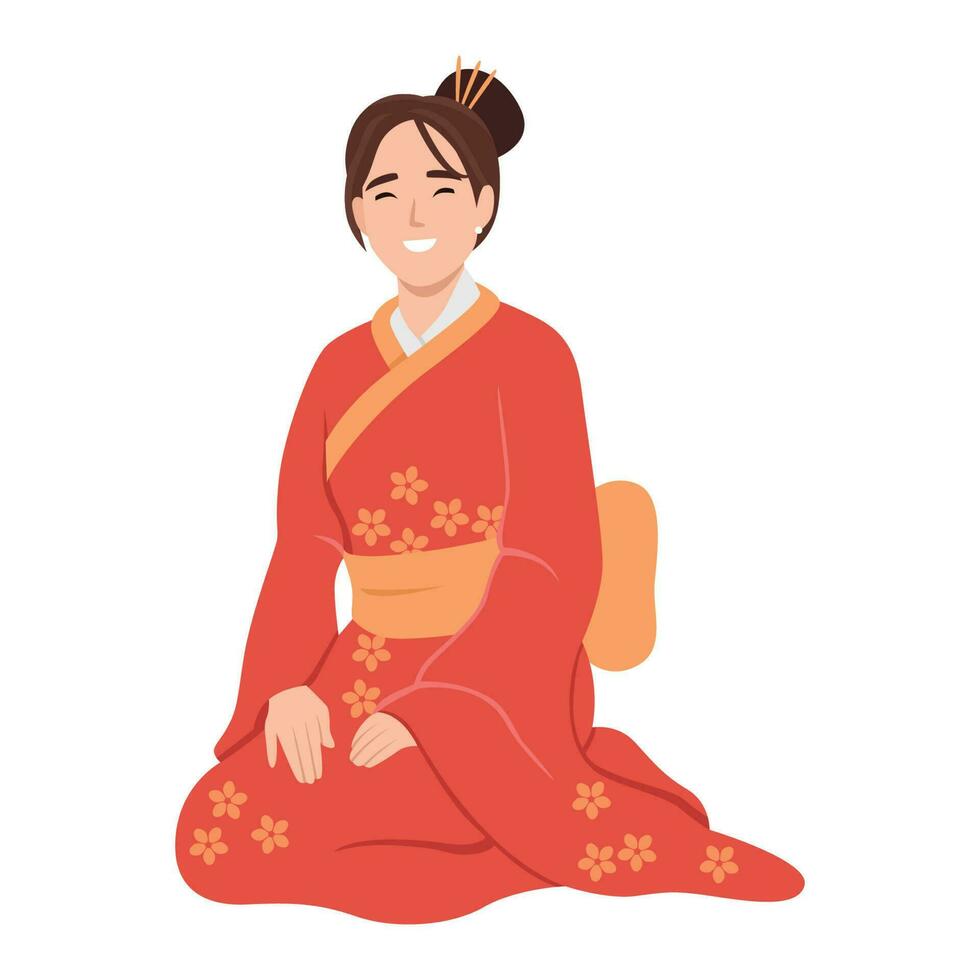 mujer en kimono furisodio sentado en el piso saludo el nuevo año vector