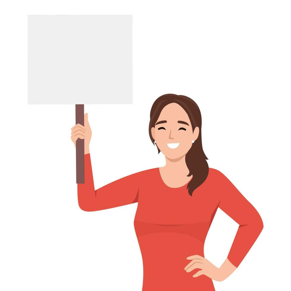 Beautiful young woman holding blank billboard with empty banner for copyspace advertising and announcement messages vector