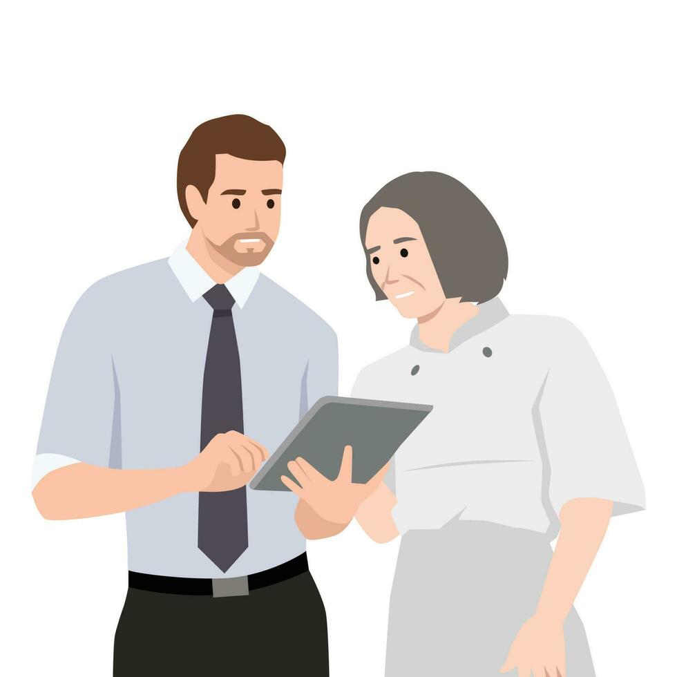 man and woman discussing work. Young man manager talking to an old chef woman wearing while holding tablet smartphone on his hand vector