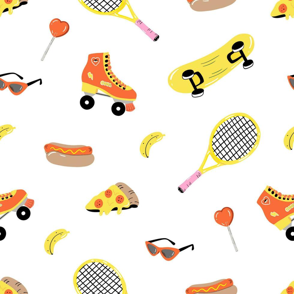 sin costura modelo con diferente elementos - rodillo patinar, tenis raqueta, anteojos, Hot dog, pizza, banana. de moda verano diseño. vector ilustración en blanco antecedentes