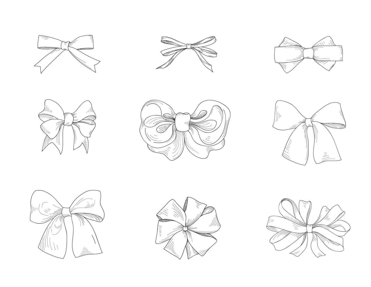 Bow set. Fashion accessory sign. Gentle bow ribbon sketch. Holiday decor set. vector