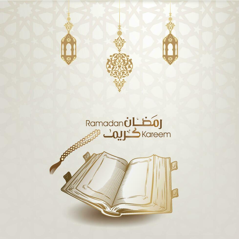 Ramadan Kareem Arabic calligraphy greeting design with 3D Quran book classic pattern vector