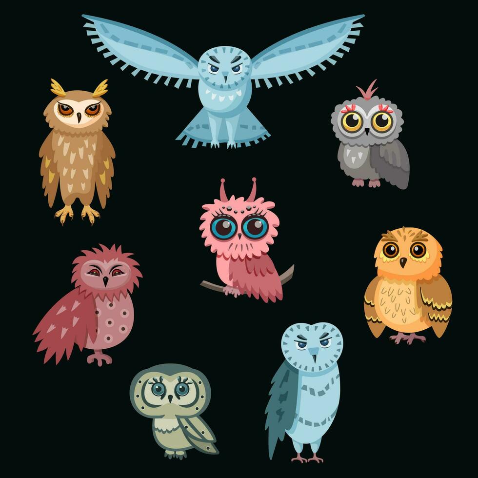 Set of cute owls in various poses cartoon illustration. Funny owls. Flat vector illustration. Use as design for greeting card, nursery, t-shirt print.
