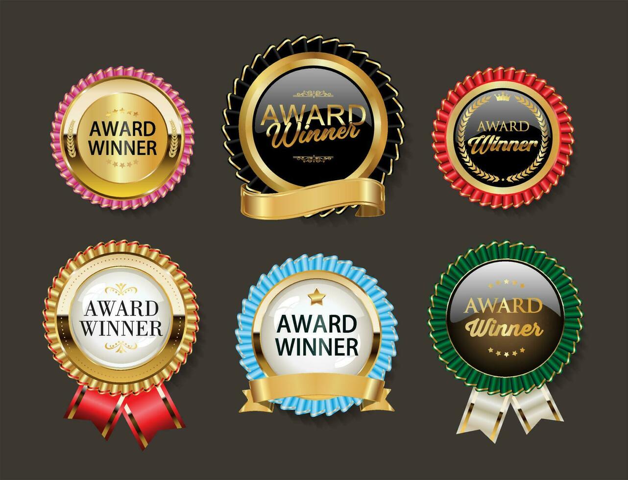 Golden badges with golden ribbon vector Award winner collection