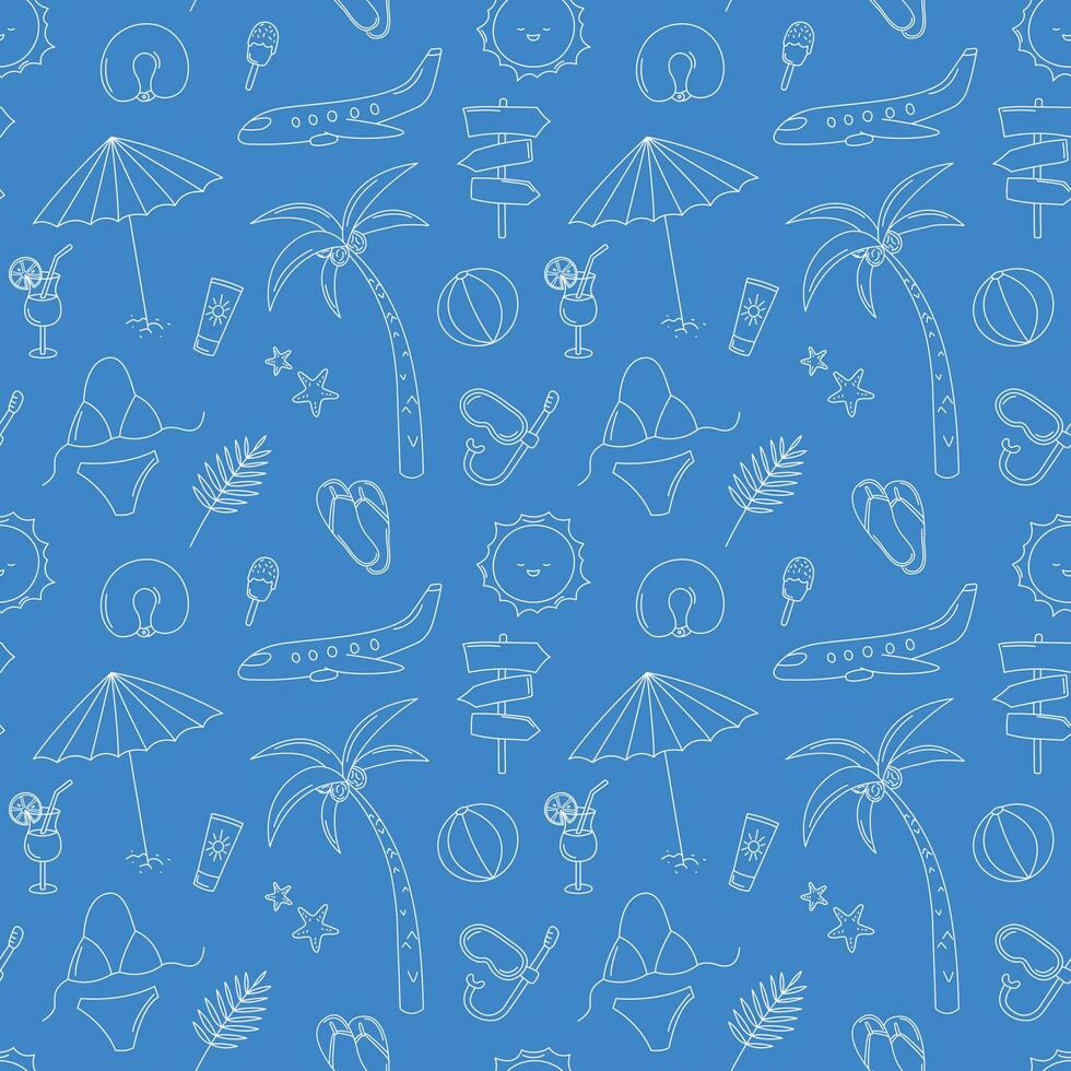 Summer vacation seamless pattern. Vector doodles travel background. Funny blue and white hand drawn beach and trip elements