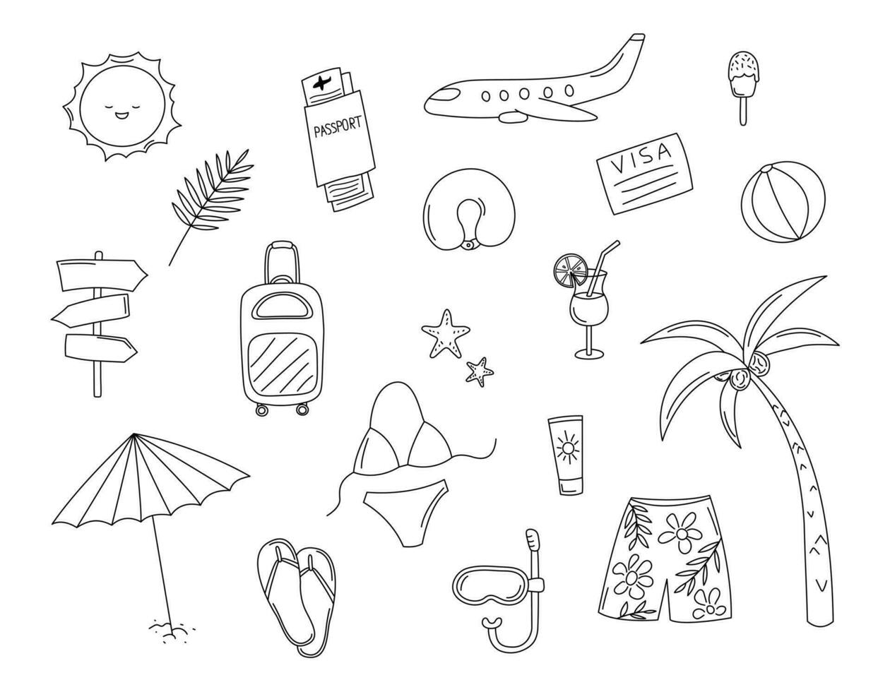 Vacation doodles set. Travel hand drawn elements black and white isolated. Vector illustration with cute scribble summer vacation objects