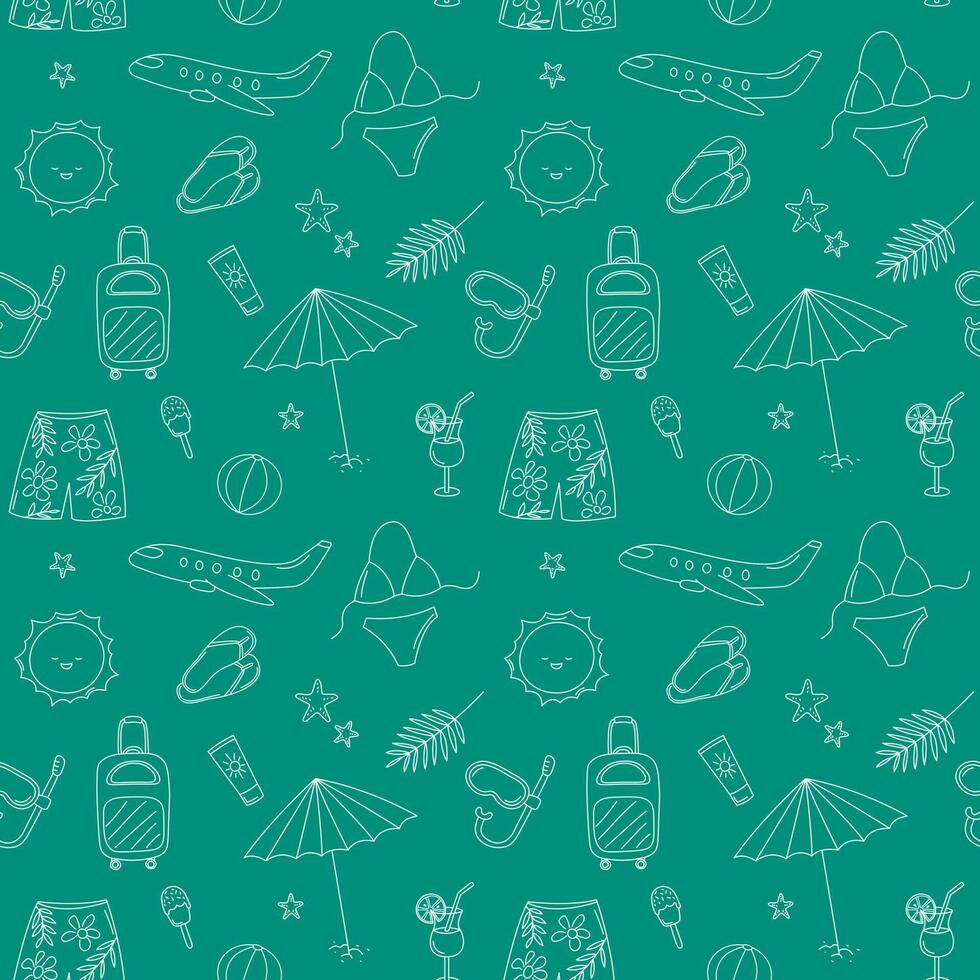 Vacation seamless pattern. Vector doodles travel background. Funny hand drawn summer elements