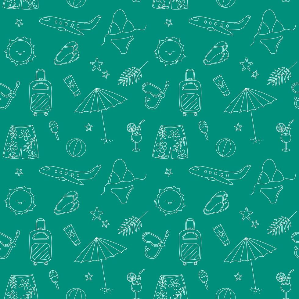 Vacation seamless pattern. Vector doodles travel background. Funny hand drawn summer elements